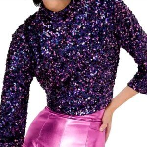 ZARA Sequins Mock Neck Keyhole Back Top Sz M